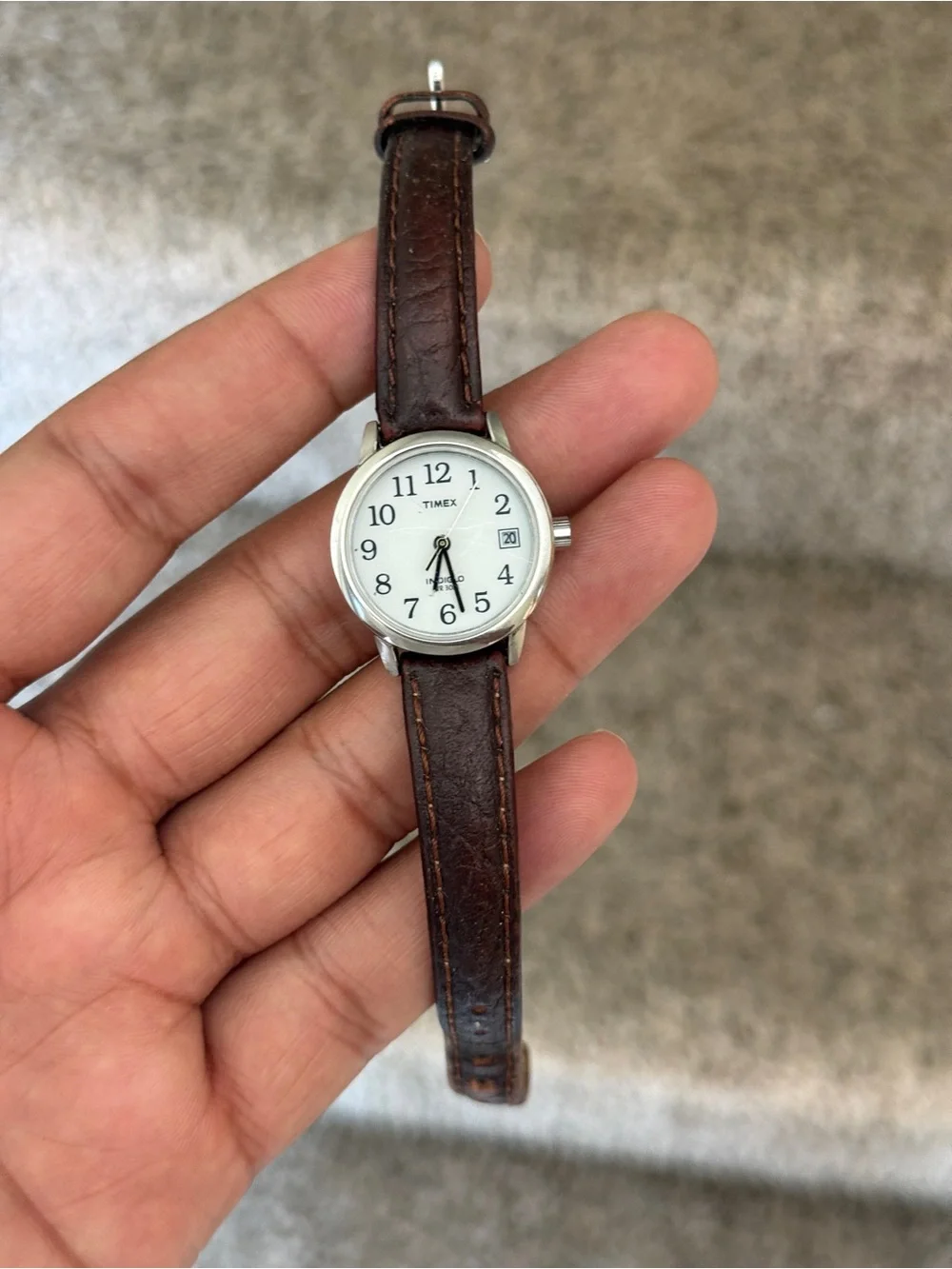 Timex women’s Silver Case White Dial Watch with Brown Leather Strap